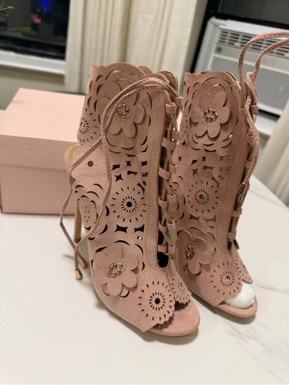 JustFab Blush Pink Laser-Cut Floral Lace-Up Stiletto Heels